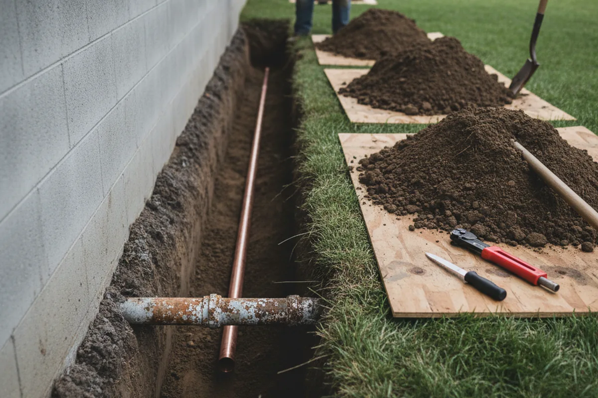 Excavated water line trench during Water Softener Installation in Destin